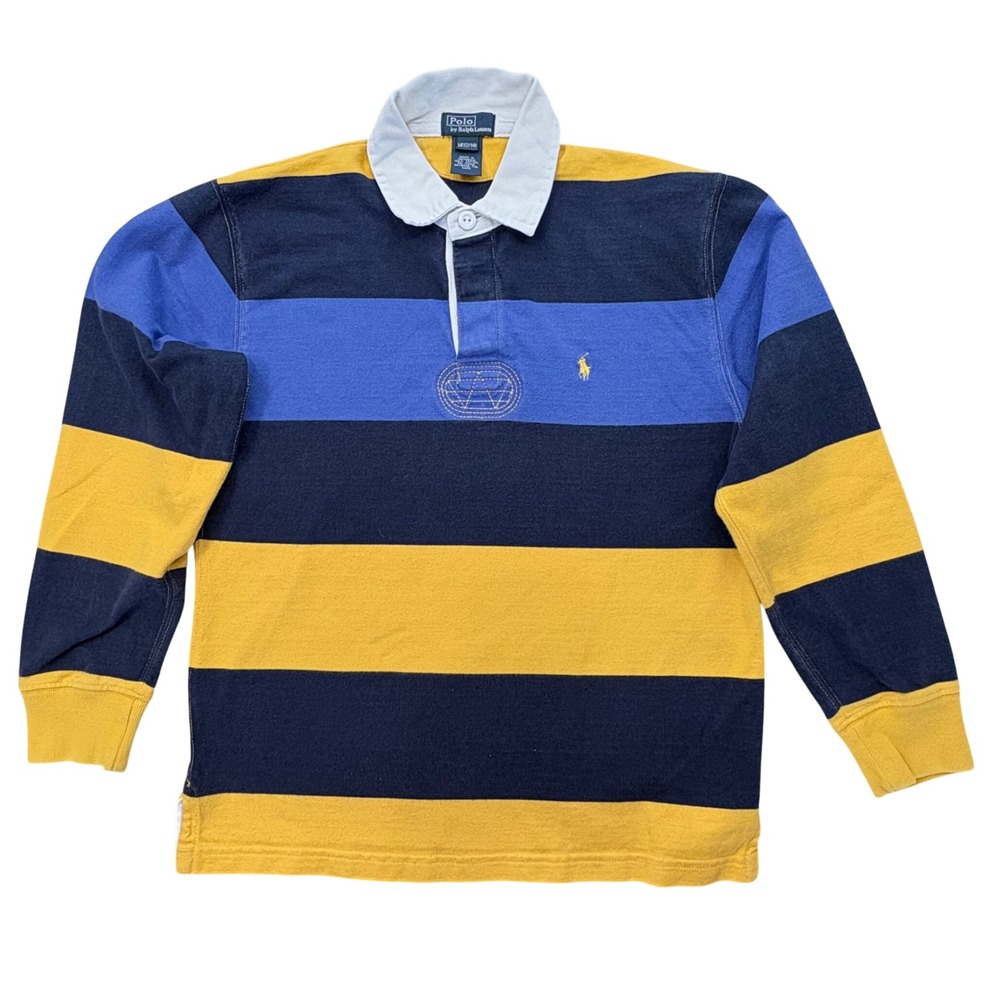 Polo Ralph Lauren Rugby Shirt Boys M‎ 12/14 Navy Yellow Blue Striped Pony Y2k